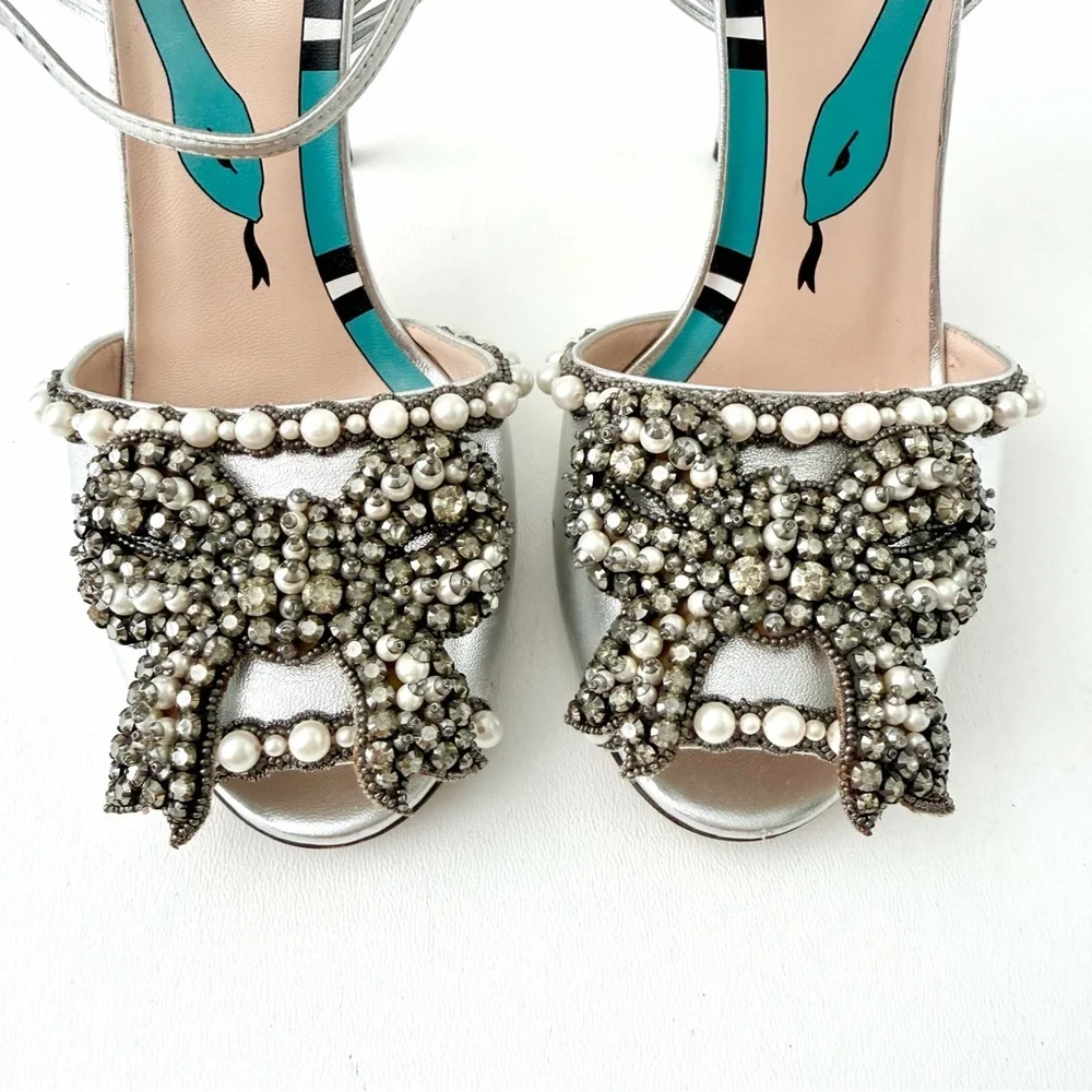 GUCCI || Allie Bow Metallic Pearl Crystal Bridal Sandals Silver Heels EU 36.5